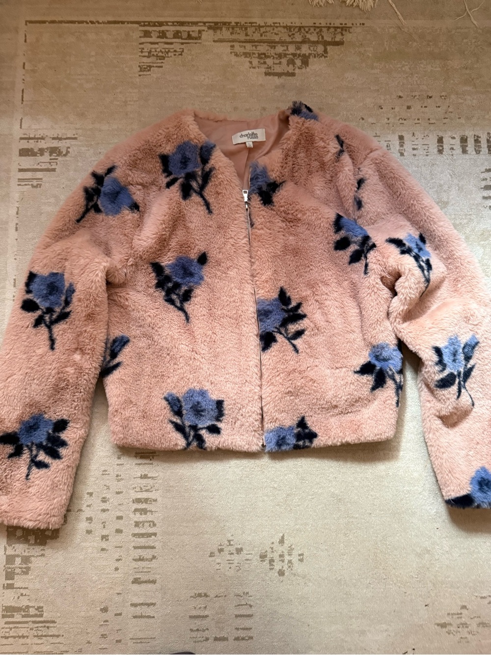 Charlotte Russe Pink Blue Floral Faux Fur Cropped Jacket Large